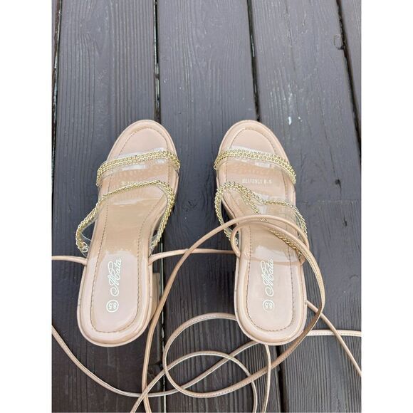 HEAVENLY PLATFORM Y2K HIGH HEEL SEXY SELF TIE SANDALS. BEIGE COLOR SIZE 8.5. New - Picture 8 of 13